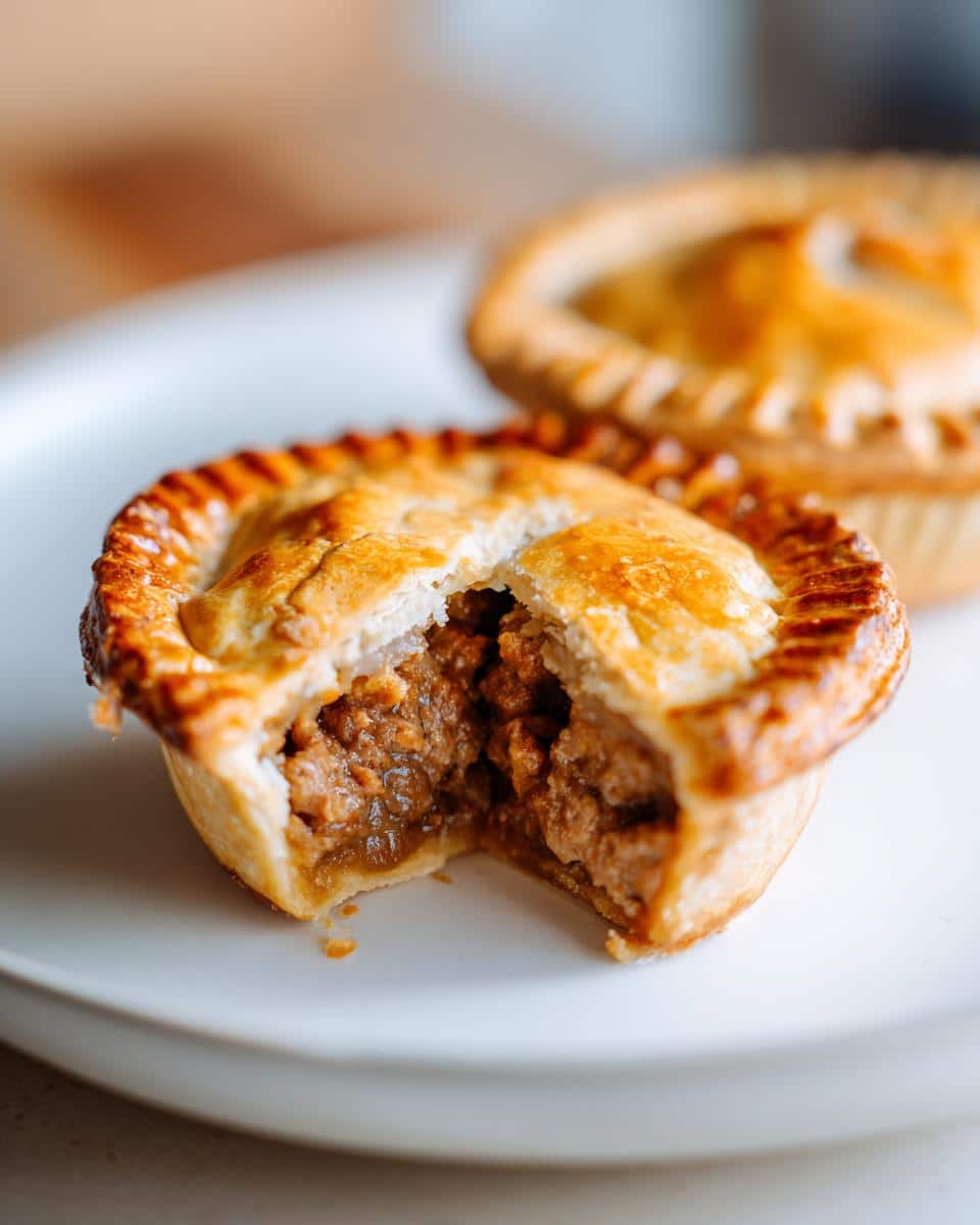 A close-up of a golden-brown, bitten gluten free mini tourtiere on a white plate, revealing its savory meat filling.