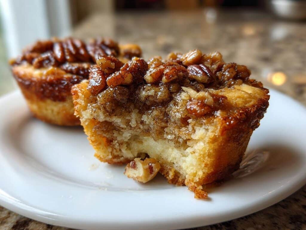 Close-up of a pecan tassie on a white plate, with a bite taken out, revealing the soft interior and gooey pecan topping.