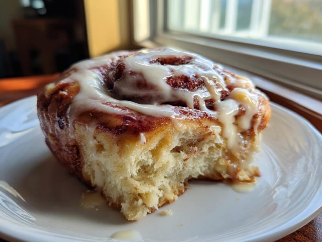 Close-up of a partially eaten Red Velvet Cinnamon Roll on a white plate, drizzled with creamy white icing.