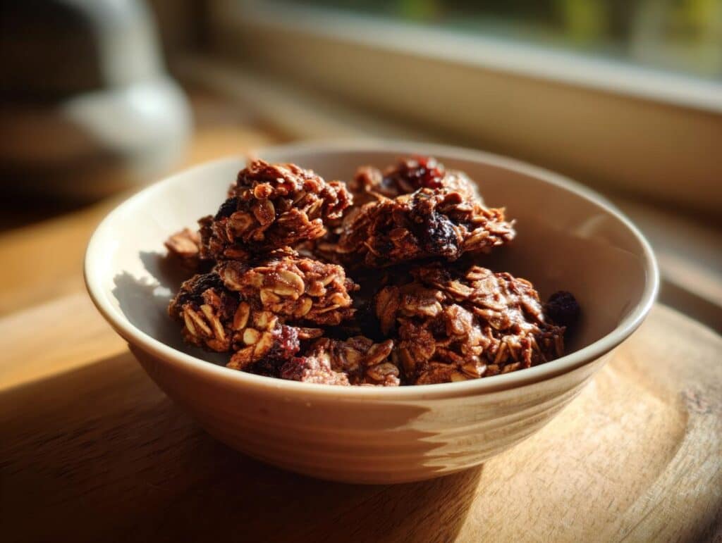 A bowl filled with freshly made baked oats, featuring visible oats and berries.
