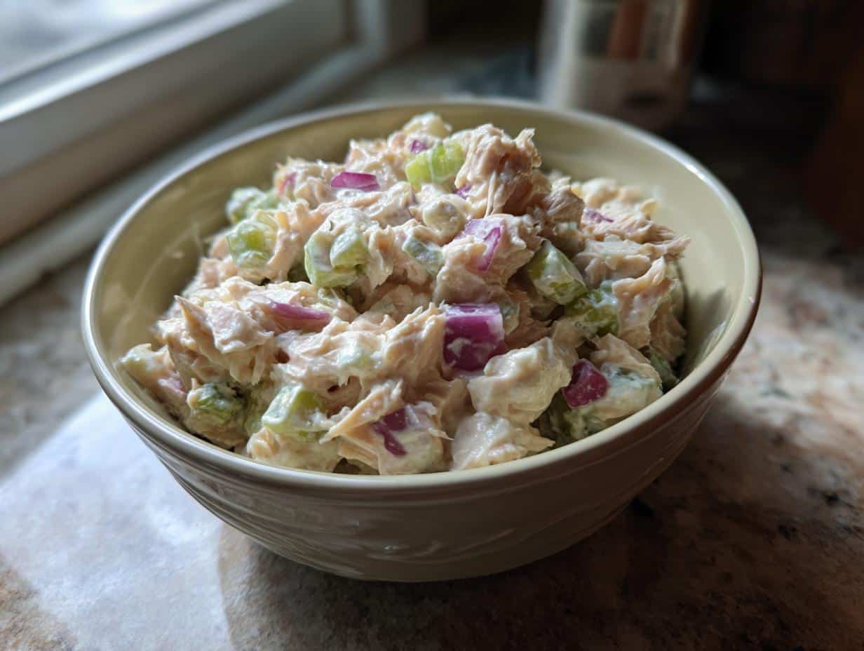 A close-up of a bowl filled with creamy tuna salad recipe, featuring chunks of tuna, red onion, and celery.