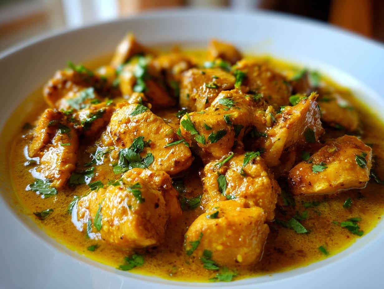 Close-up of a white bowl filled with Brazilian Coconut Chicken, featuring tender chicken pieces in a rich, golden sauce, garnished with fresh parsley.