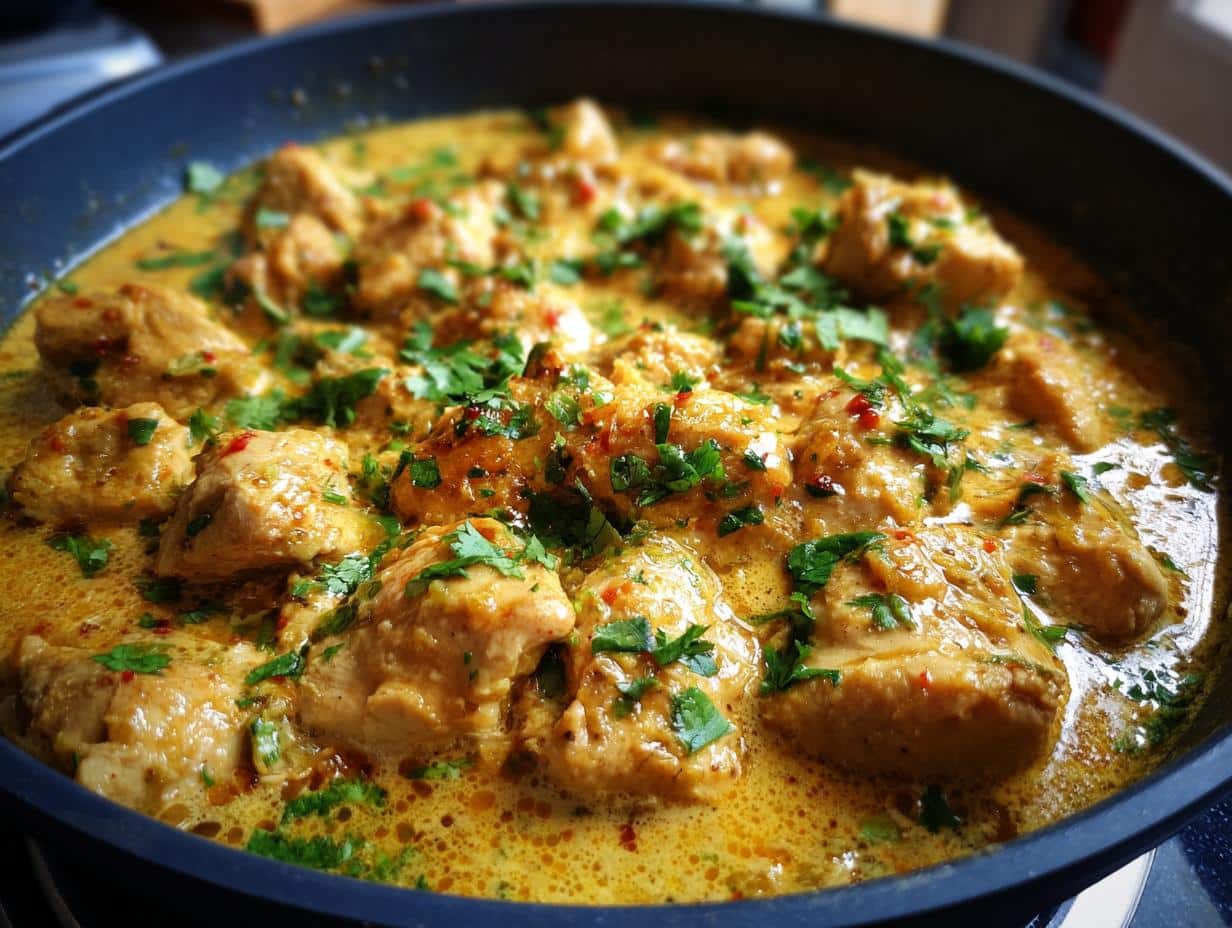 Close-up of Brazilian Coconut Chicken simmering in a pan, garnished with fresh cilantro and red pepper flakes.