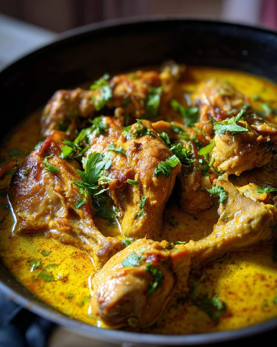Close-up of Brazilian Coconut Chicken simmering in a rich, yellow sauce, garnished with fresh green herbs.