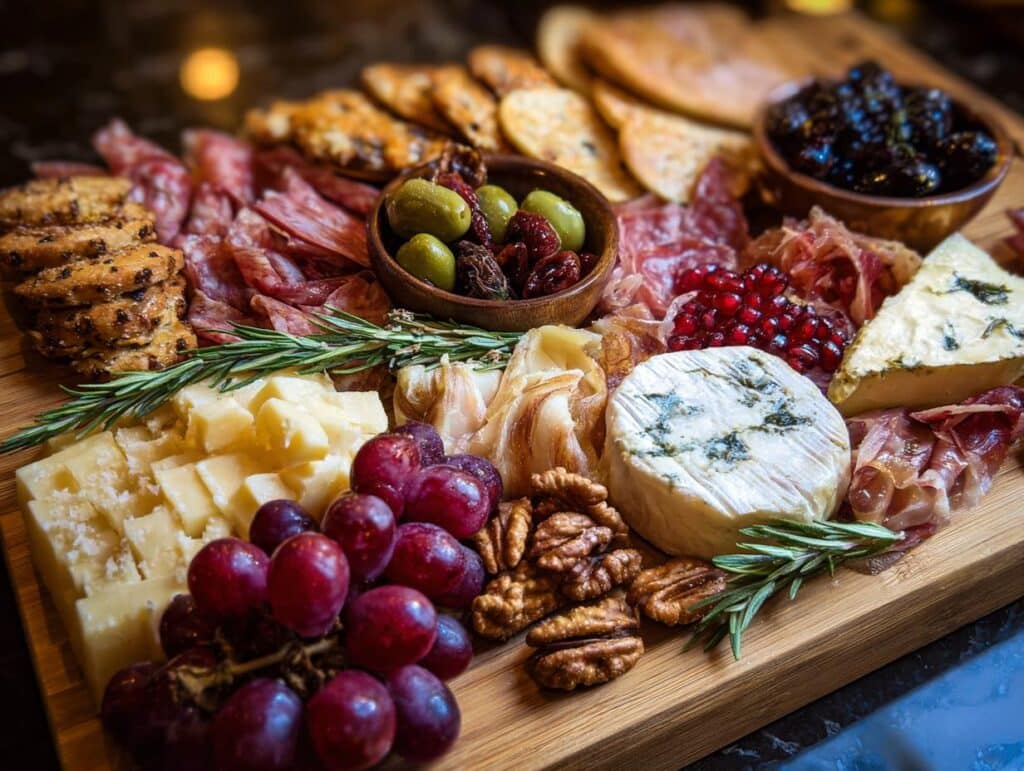 Overhead shot of a Breakfast Charcuterie Board with cheese, meats, fruits, nuts, and crackers.