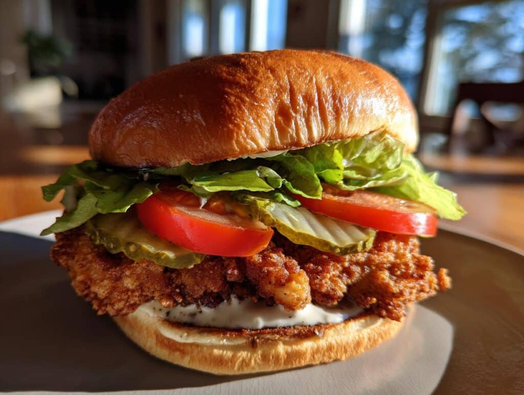 A close-up of a golden brown Cajun Crispy Chicken Sandwich with Garlic Aioli, lettuce, tomato, and pickles on a brioche bun.