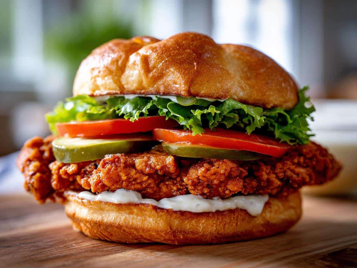 A close-up of a Cajun Crispy Chicken Sandwich with Garlic Aioli, lettuce, tomatoes, and pickles on a brioche bun.