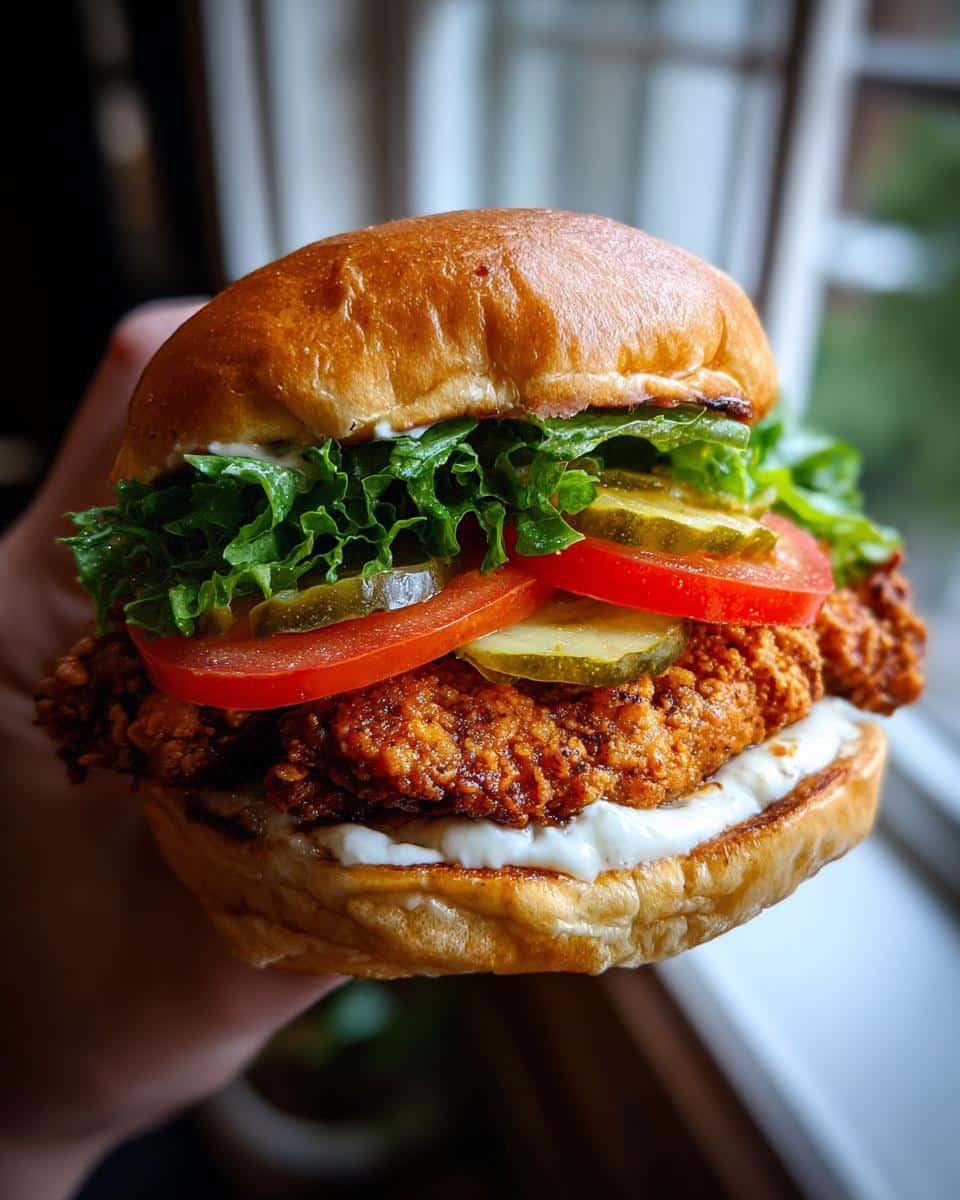 A hand holding a Cajun Crispy Chicken Sandwich with Garlic Aioli, lettuce, tomatoes, and pickles on a brioche bun.