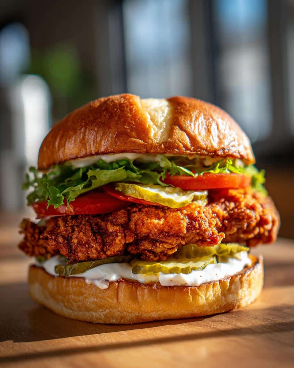 A close-up of a Cajun Crispy Chicken Sandwich with Garlic Aioli, featuring a golden-brown crispy chicken fillet, lettuce, tomato, and pickles on a brioche bun.