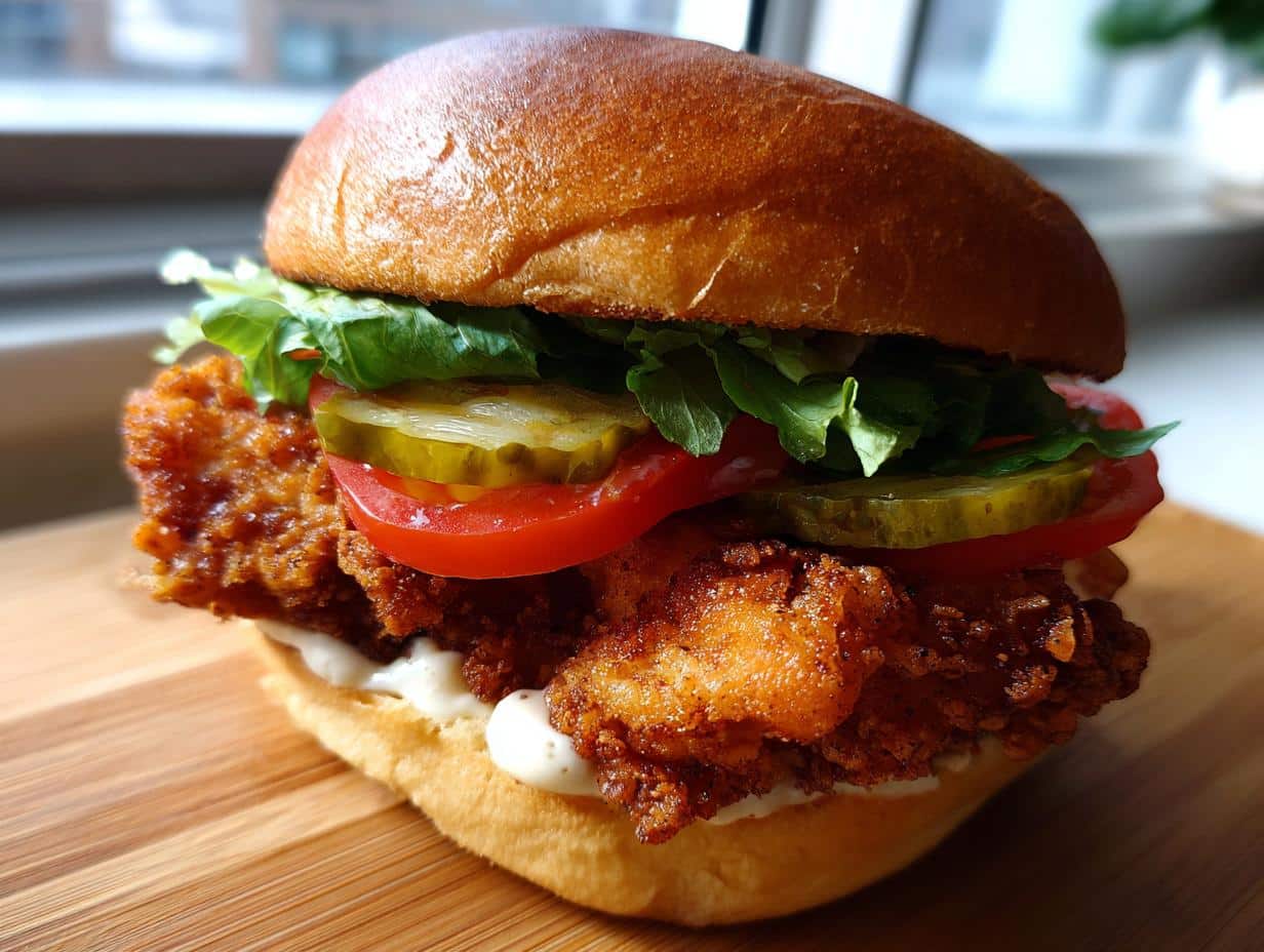 A close-up of a Cajun Crispy Chicken Sandwich with Garlic Aioli, topped with lettuce, tomato, and pickles on a brioche bun.