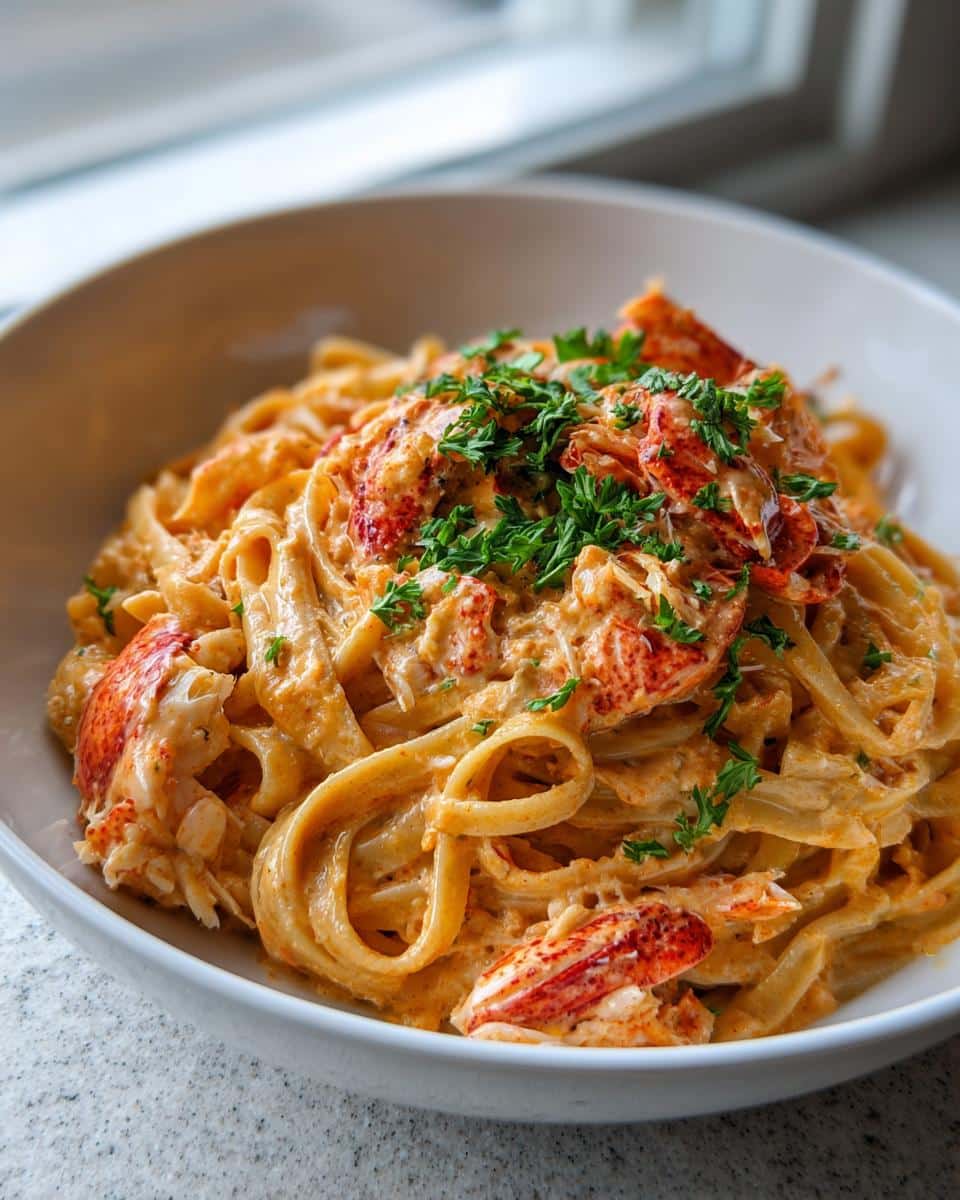 A close-up of a bowl of creamy Cajun Seafood Alfredo with Lobster and Crab, garnished with fresh parsley.