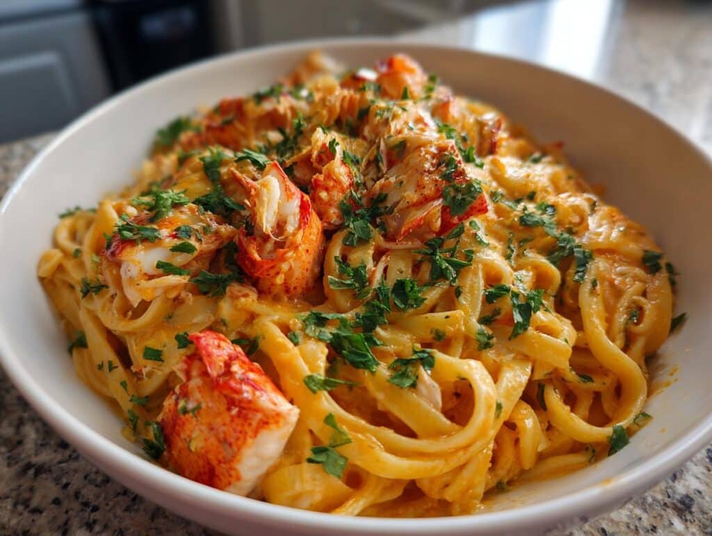 Close-up of a bowl of creamy Cajun Seafood Alfredo with Lobster and Crab, garnished with fresh parsley.