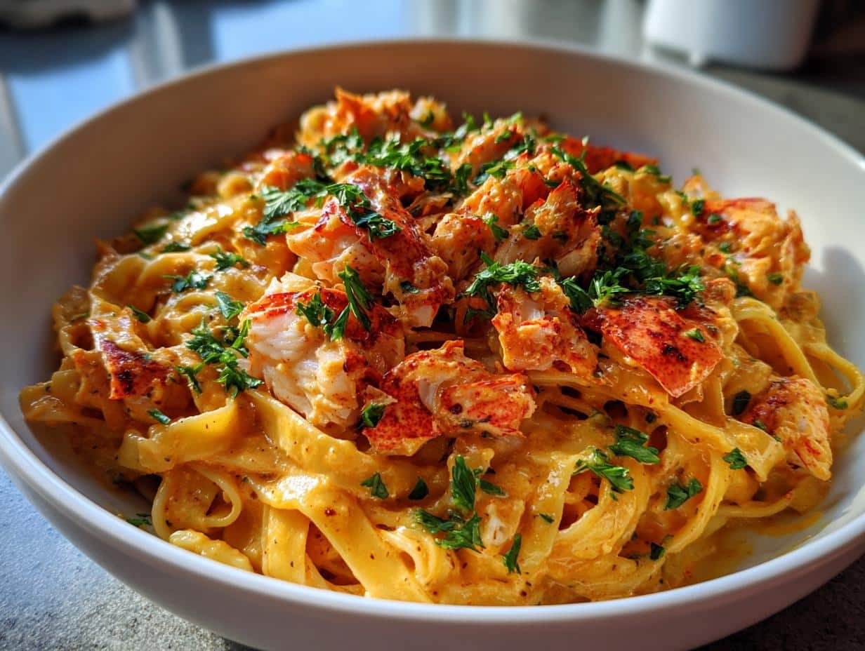 Close-up of a white bowl filled with creamy Cajun Seafood Alfredo with Lobster and Crab, garnished with fresh parsley.