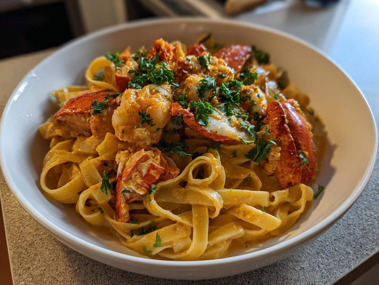 A close-up of a bowl of creamy Cajun Seafood Alfredo with Lobster and Crab, garnished with fresh parsley.