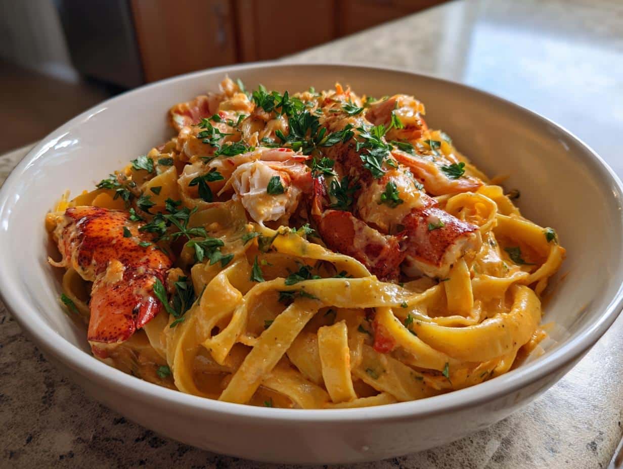 A close-up of a white bowl filled with creamy Cajun Seafood Alfredo, featuring fettuccine pasta, generous pieces of lobster and crab, and garnished with fresh parsley.
