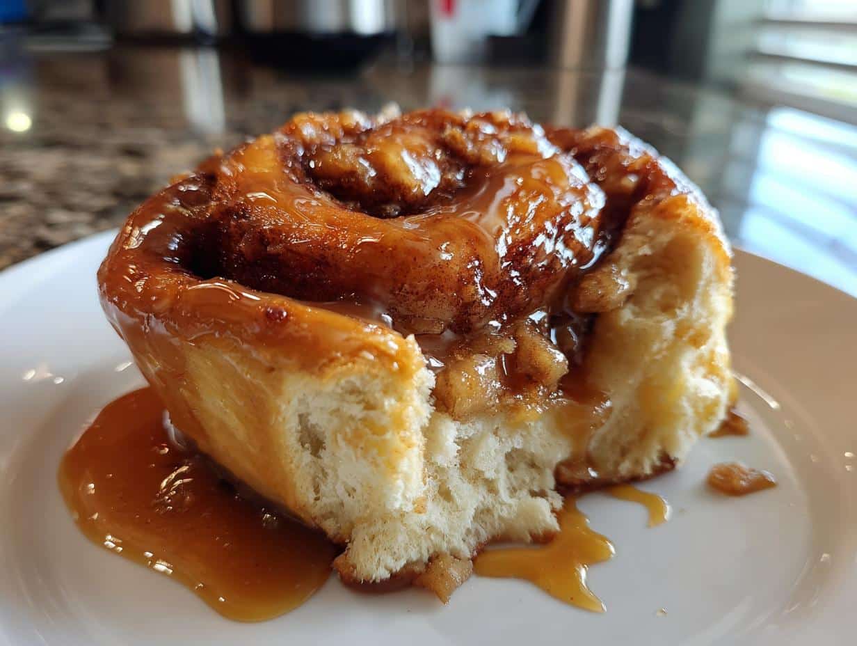 A close-up of a single Caramel Apple Cinnamon Roll with Caramel Glaze on a white plate, showing the gooey caramel and soft dough.