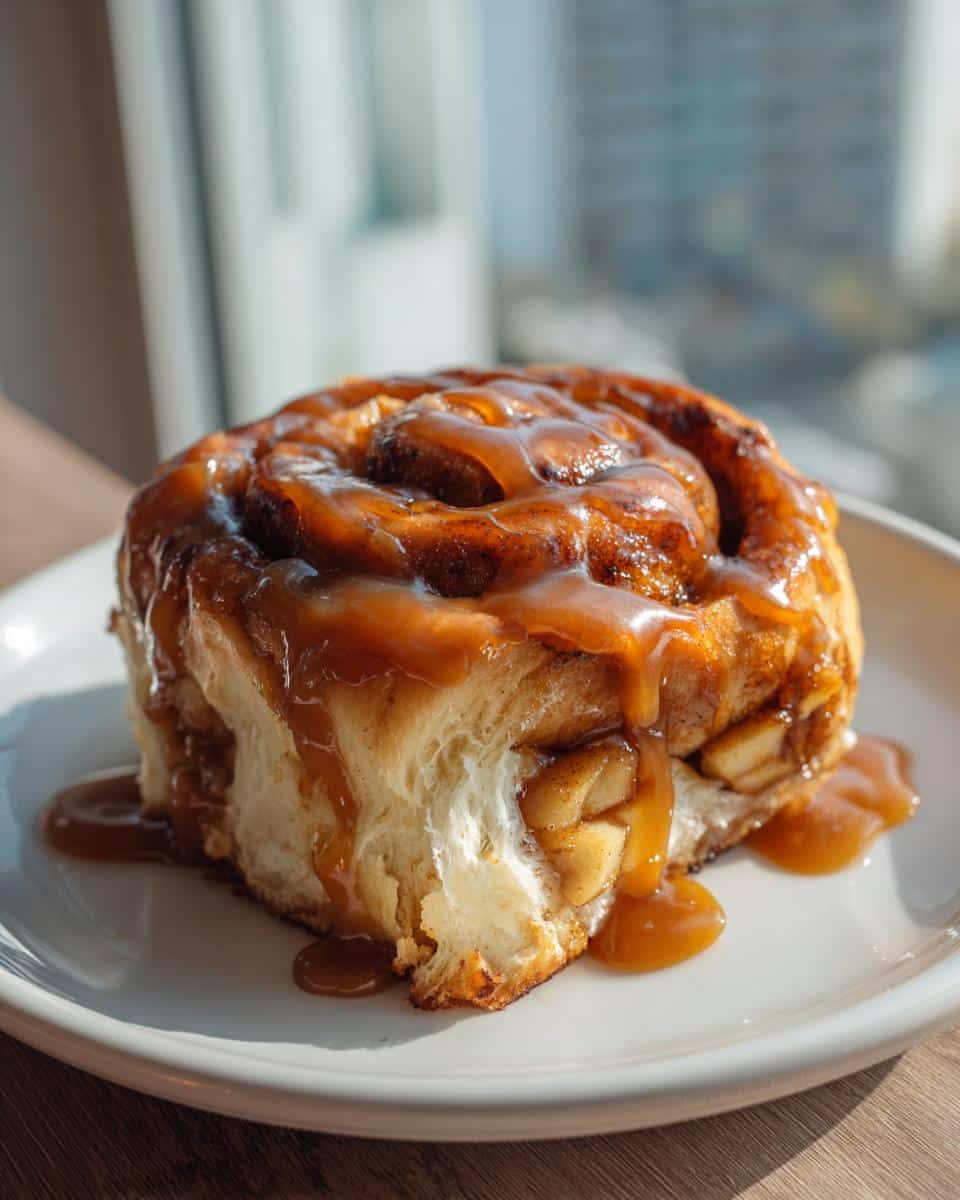 A single, decadent Caramel Apple Cinnamon Roll on a white plate, generously drizzled with shiny caramel glaze.