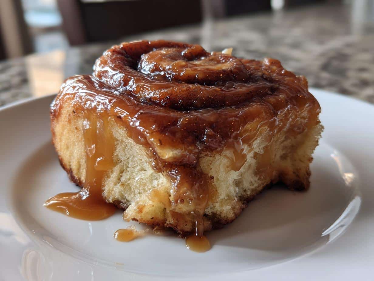 A single, delicious Caramel Apple Cinnamon Roll with Caramel Glaze on a white plate, showing the gooey topping.