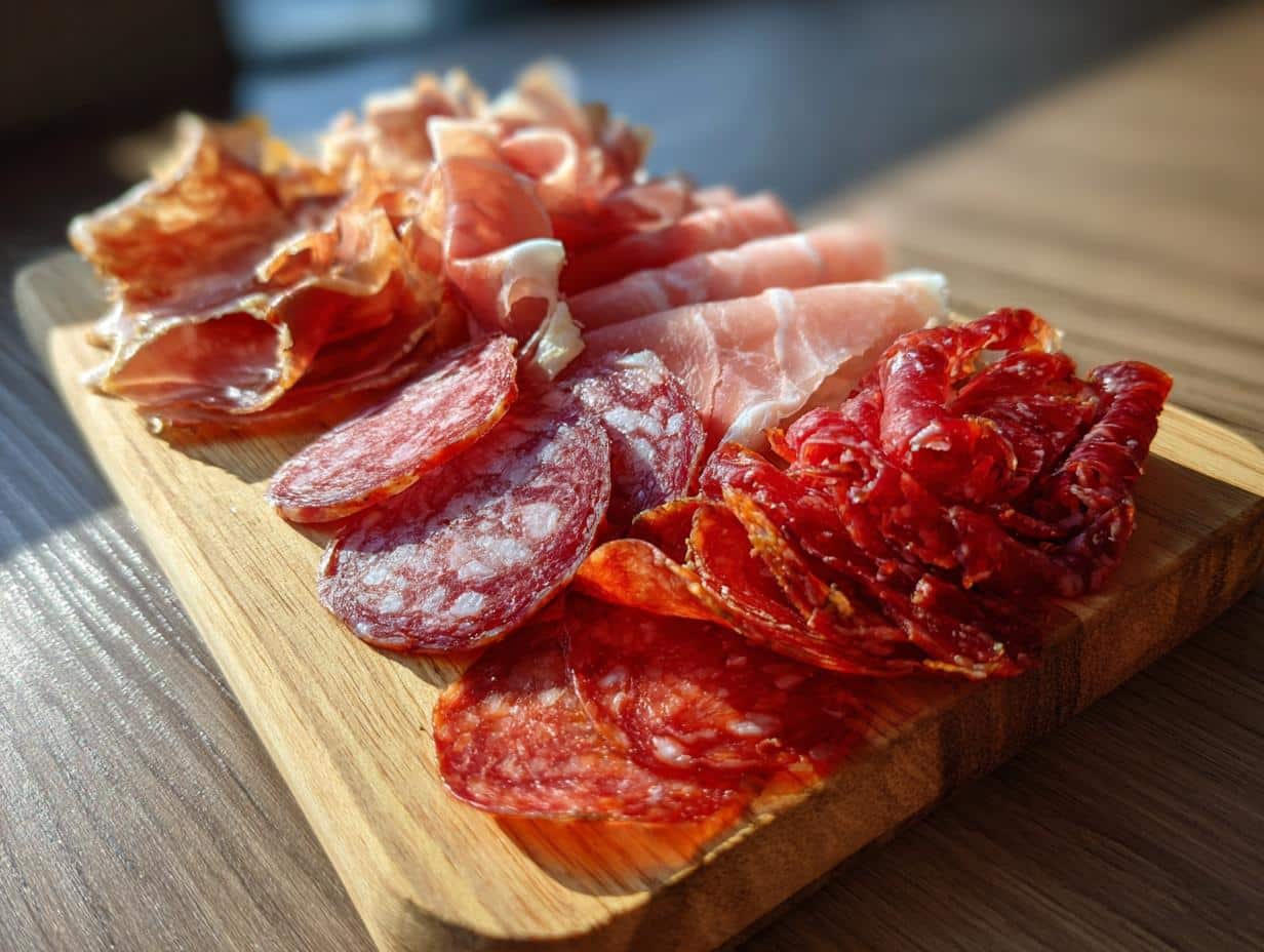 Close-up of various charcuterie board meats, including salami, prosciutto, and cured sausage, on a wooden serving board.