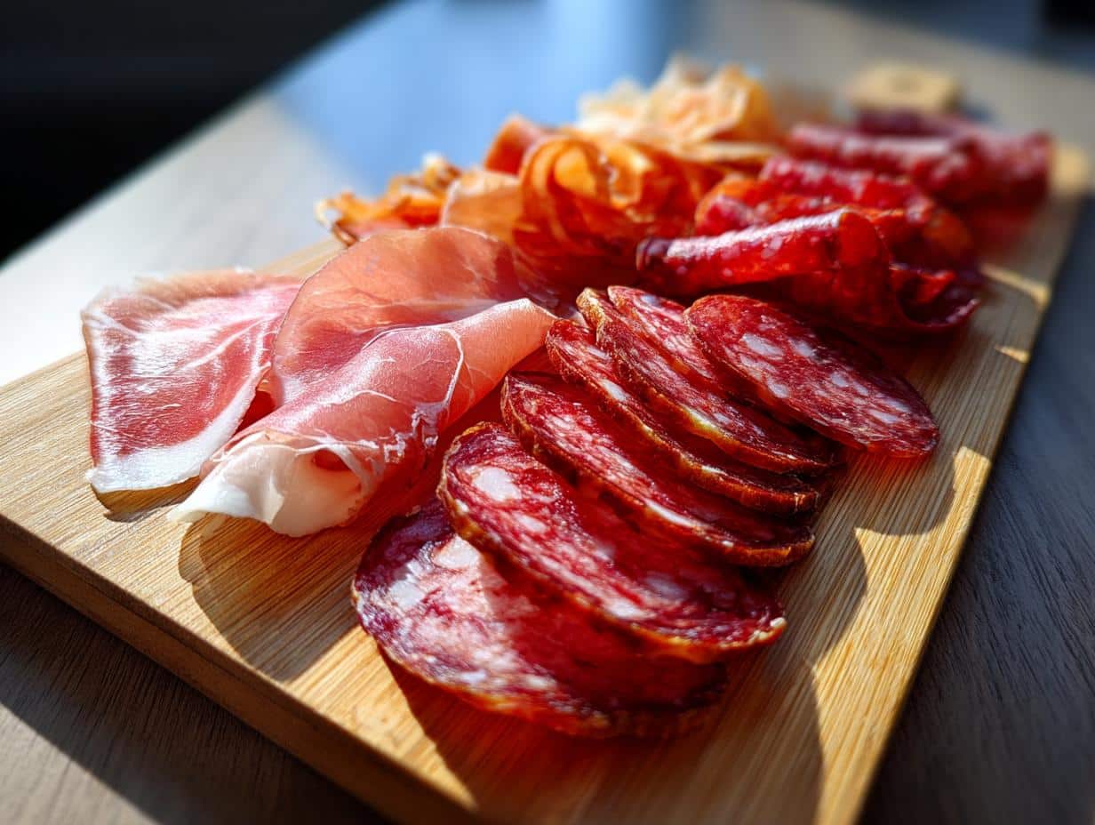 Close-up of various charcuterie board meats, including prosciutto, salami, and other cured meats, arranged on a wooden serving board.