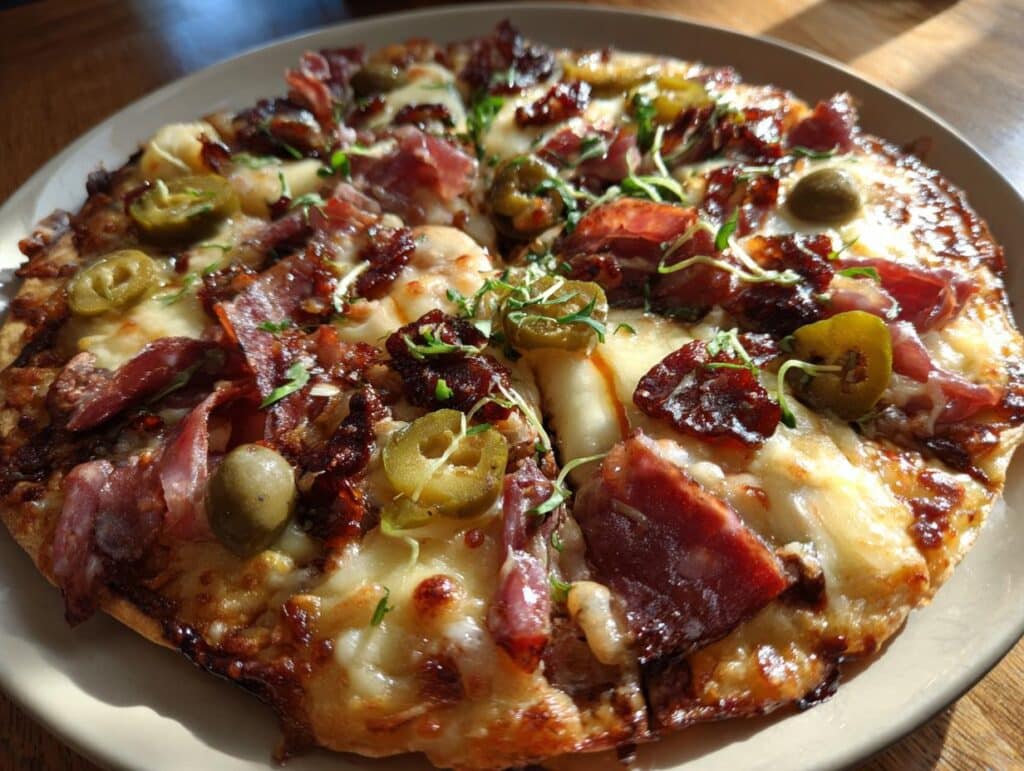A delicious platter of Charcuterie Nachos, loaded with meats, cheeses, jalapeños, and herbs on a crispy base.