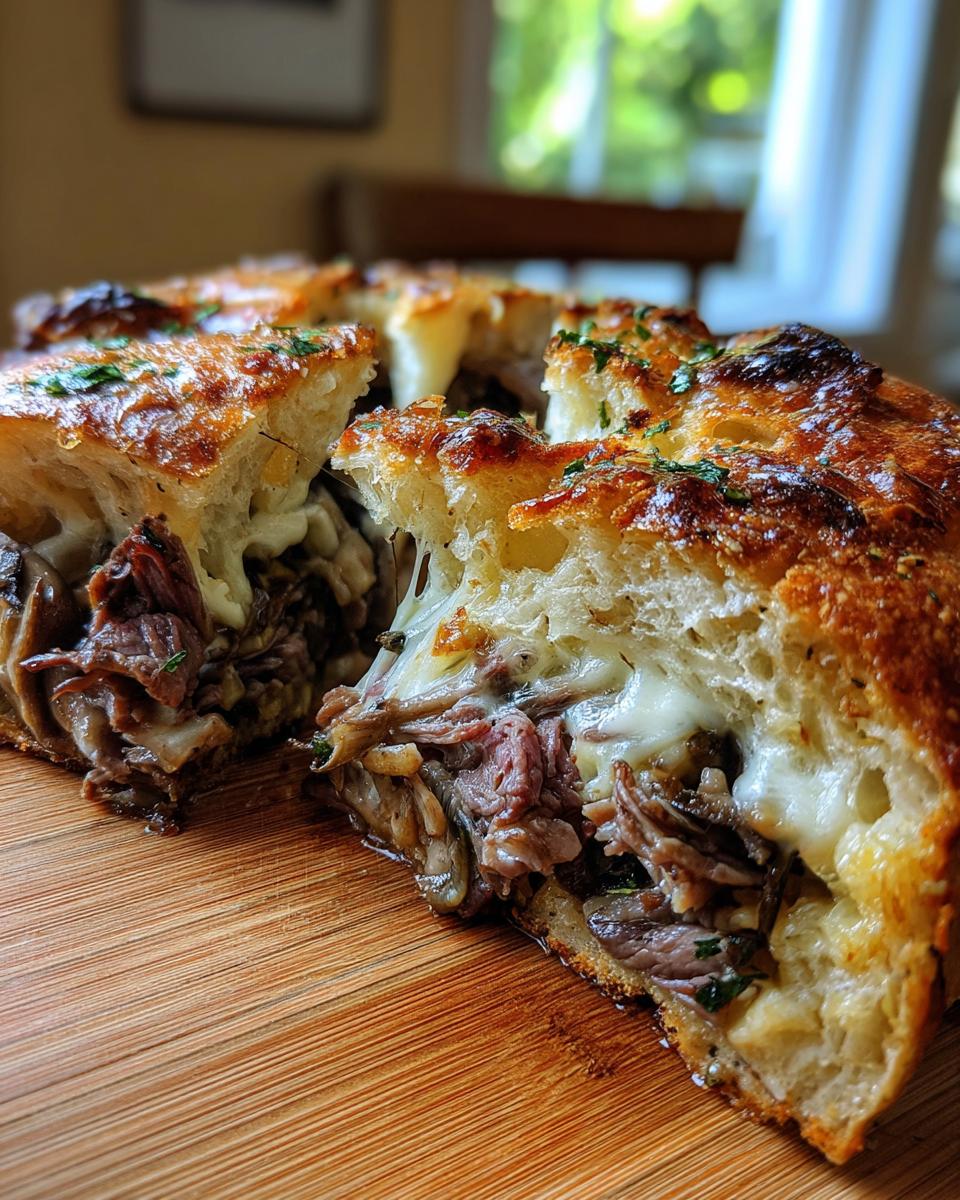 Close-up of a sliced Cheesesteak-Stuffed Garlic Loaf showing gooey melted cheese and savory beef filling.