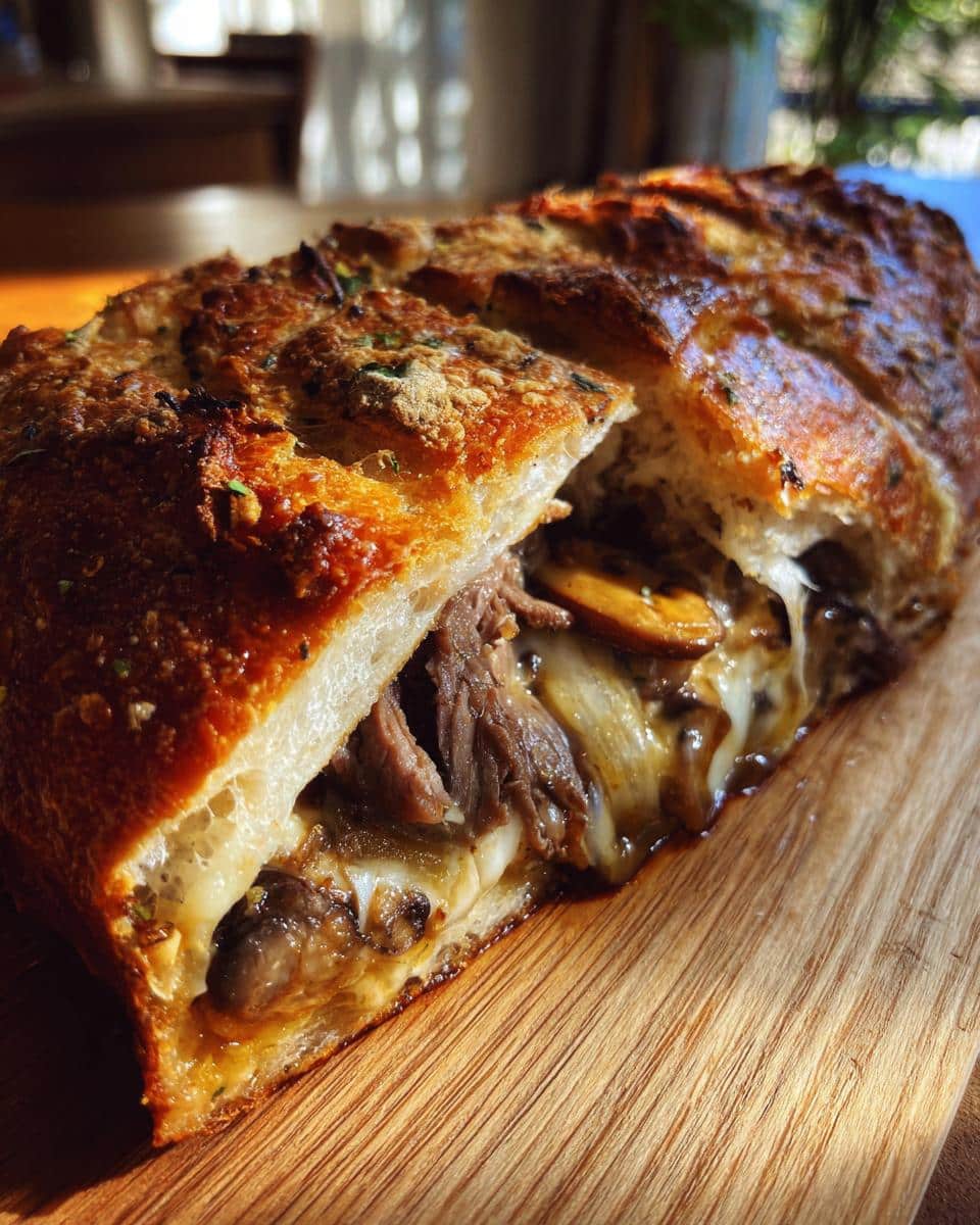 A close-up shot of a sliced Cheesesteak-Stuffed Garlic Loaf, revealing melted cheese, beef, and mushrooms inside.