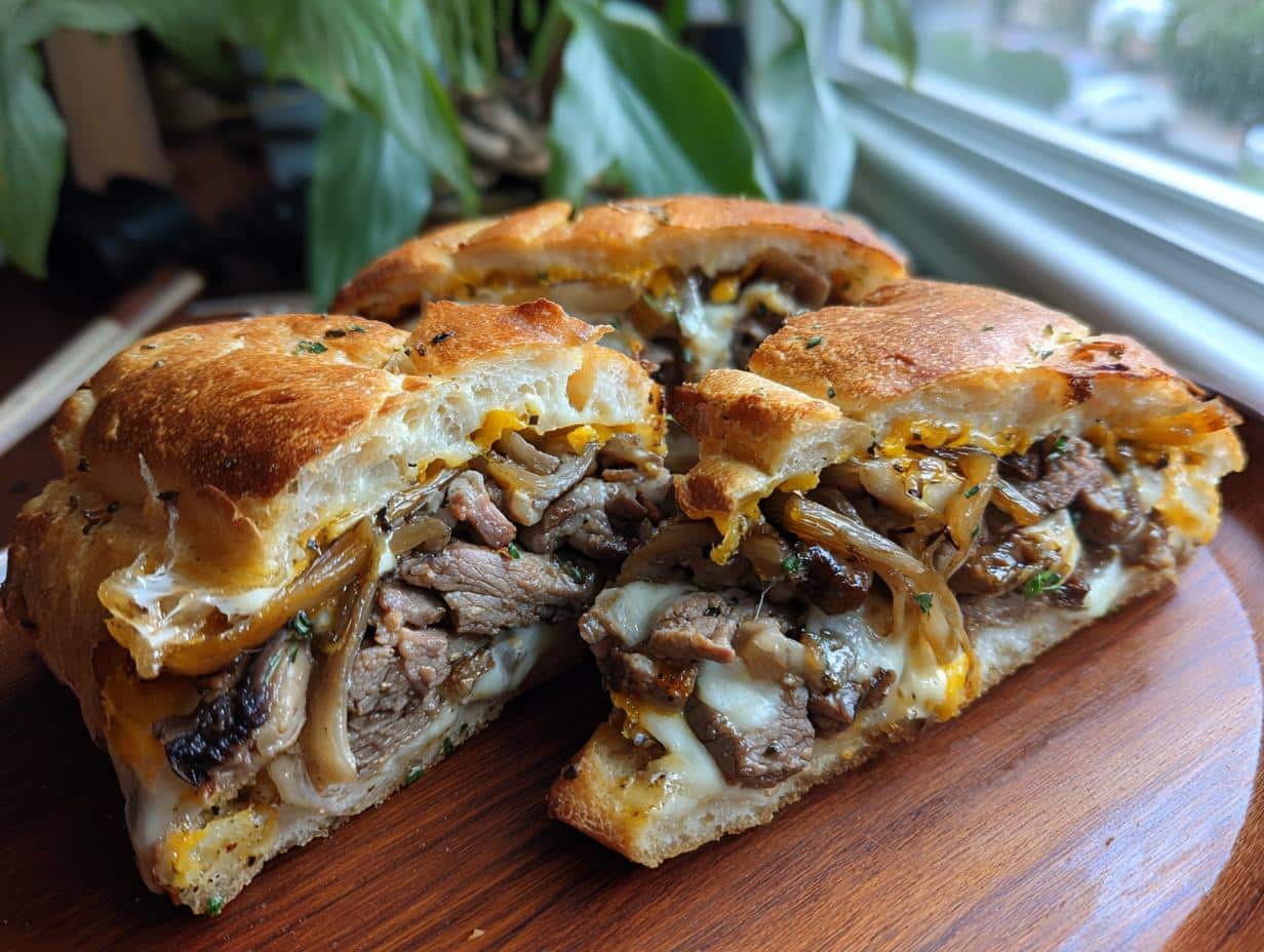 Close-up of a sliced Cheesesteak-Stuffed Garlic Loaf revealing steak, caramelized onions, and melted cheese.