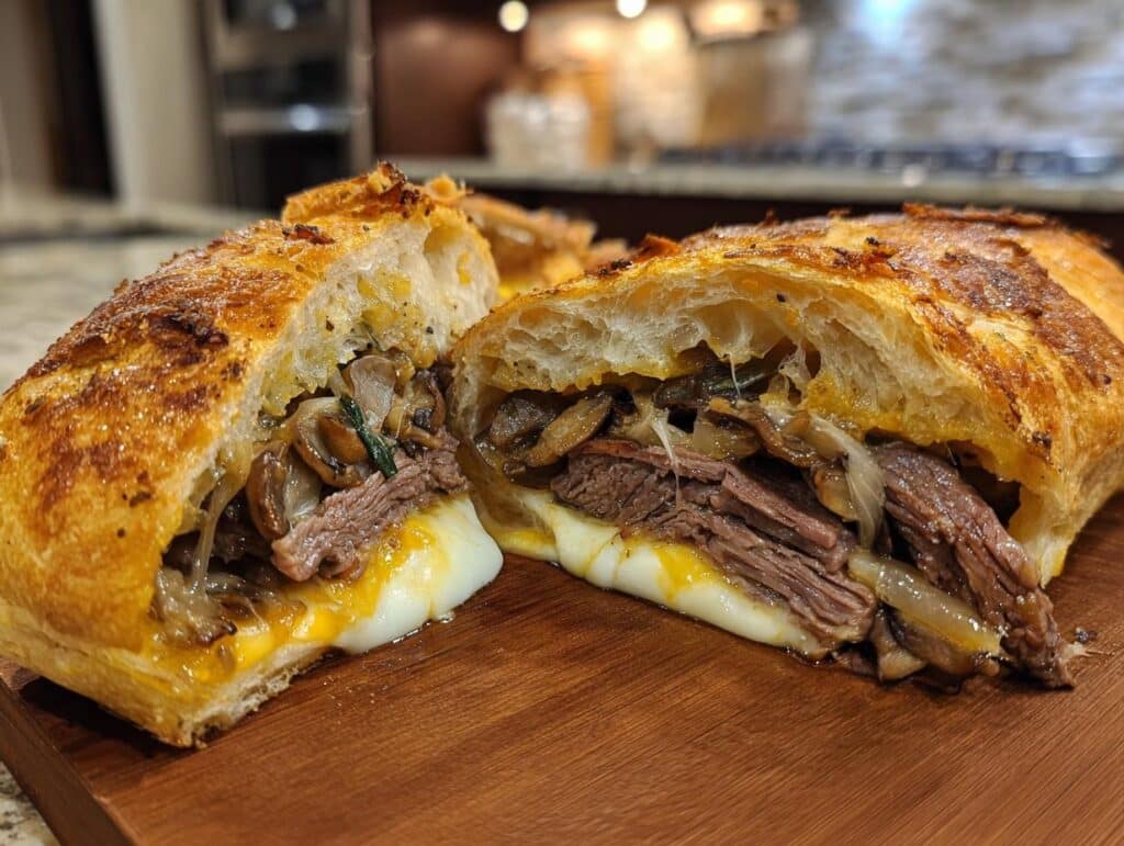 A close-up of a sliced Cheesesteak-Stuffed Garlic Loaf on a wooden board, showing melted cheese, steak, and mushrooms.