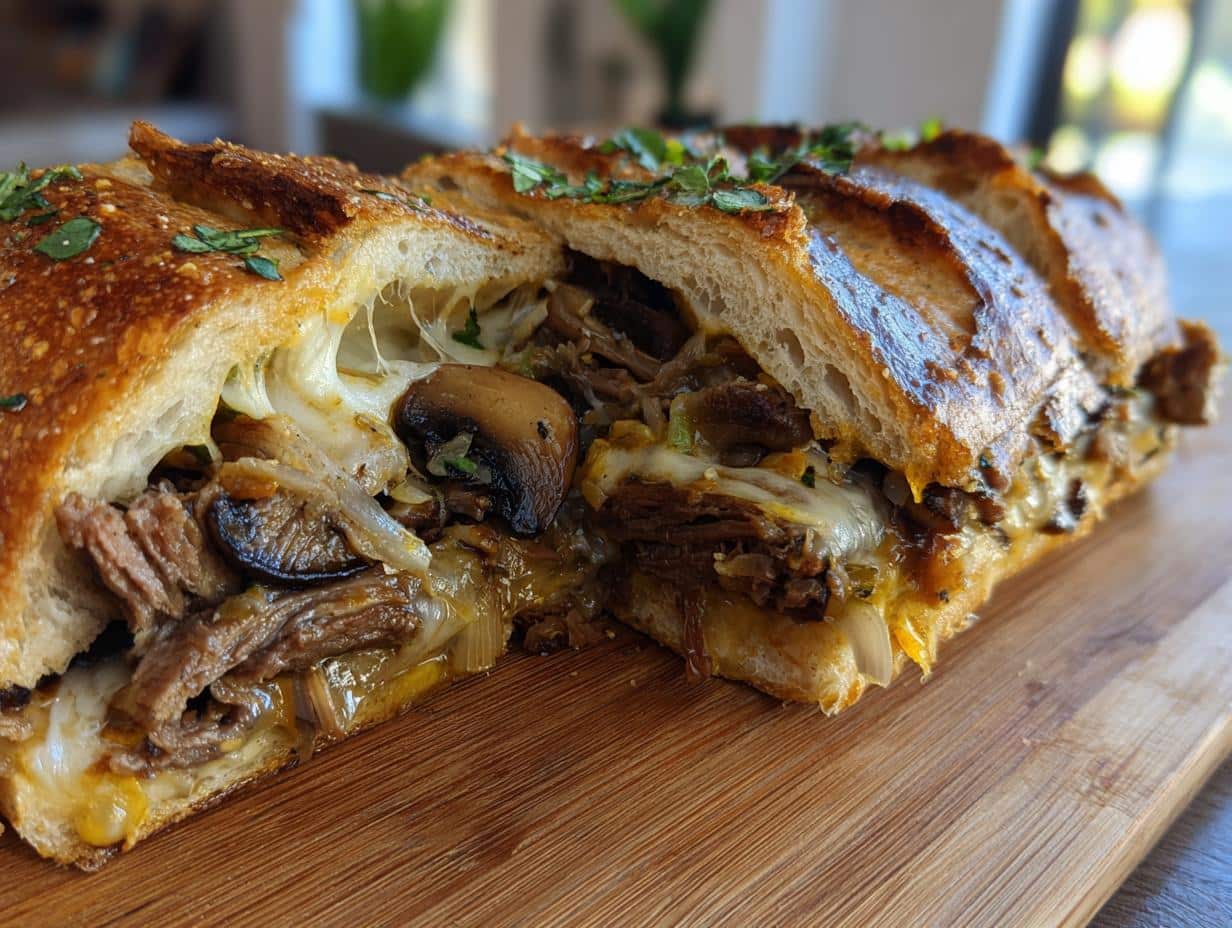 Close-up of a sliced Cheesesteak-Stuffed Garlic Loaf, revealing melted cheese, beef, onions, and mushrooms.