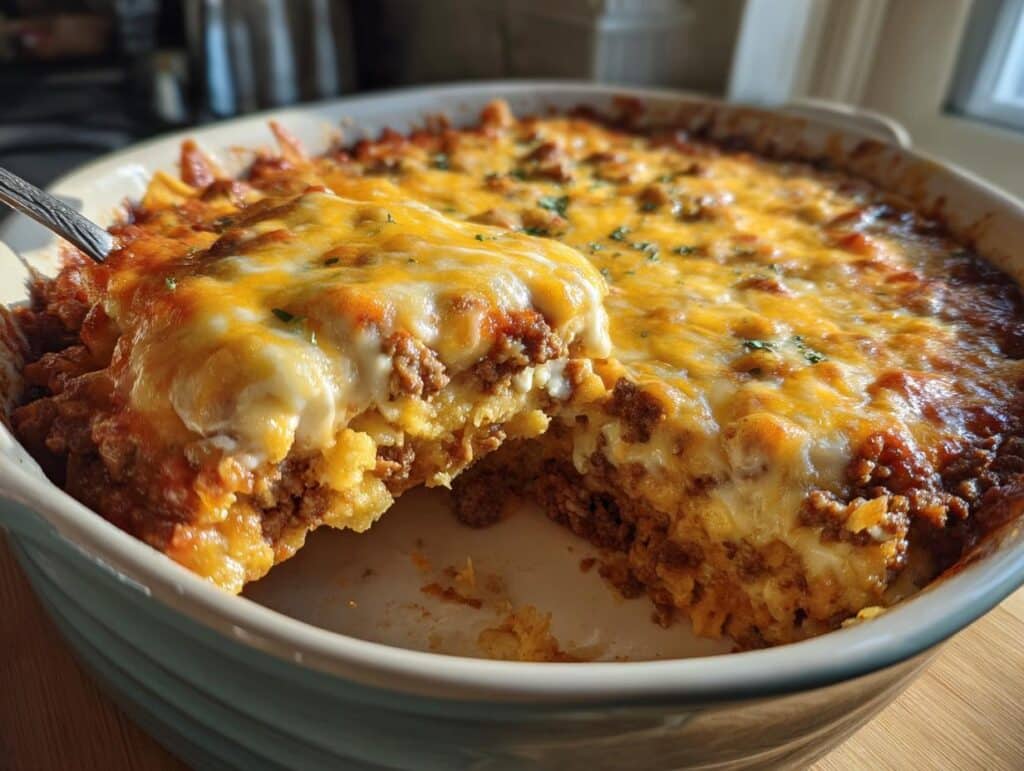 A spoonful being taken from a hot Cheesy Doritos Casserole with Ground Beef, showing melted cheese and layers.