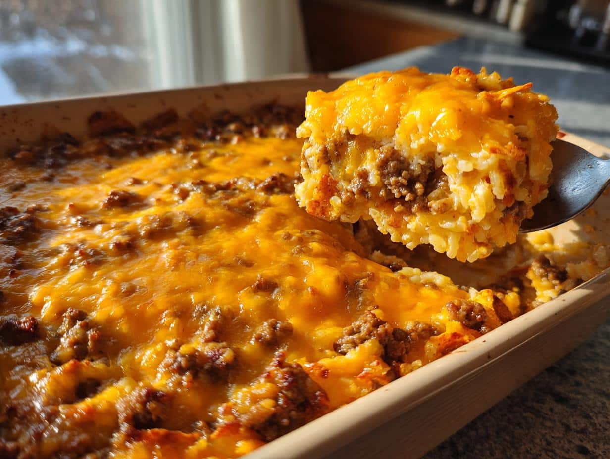 A spoonful of Cheesy Doritos Casserole with Ground Beef being lifted from a baking dish, showing melted cheese, ground beef, and rice.