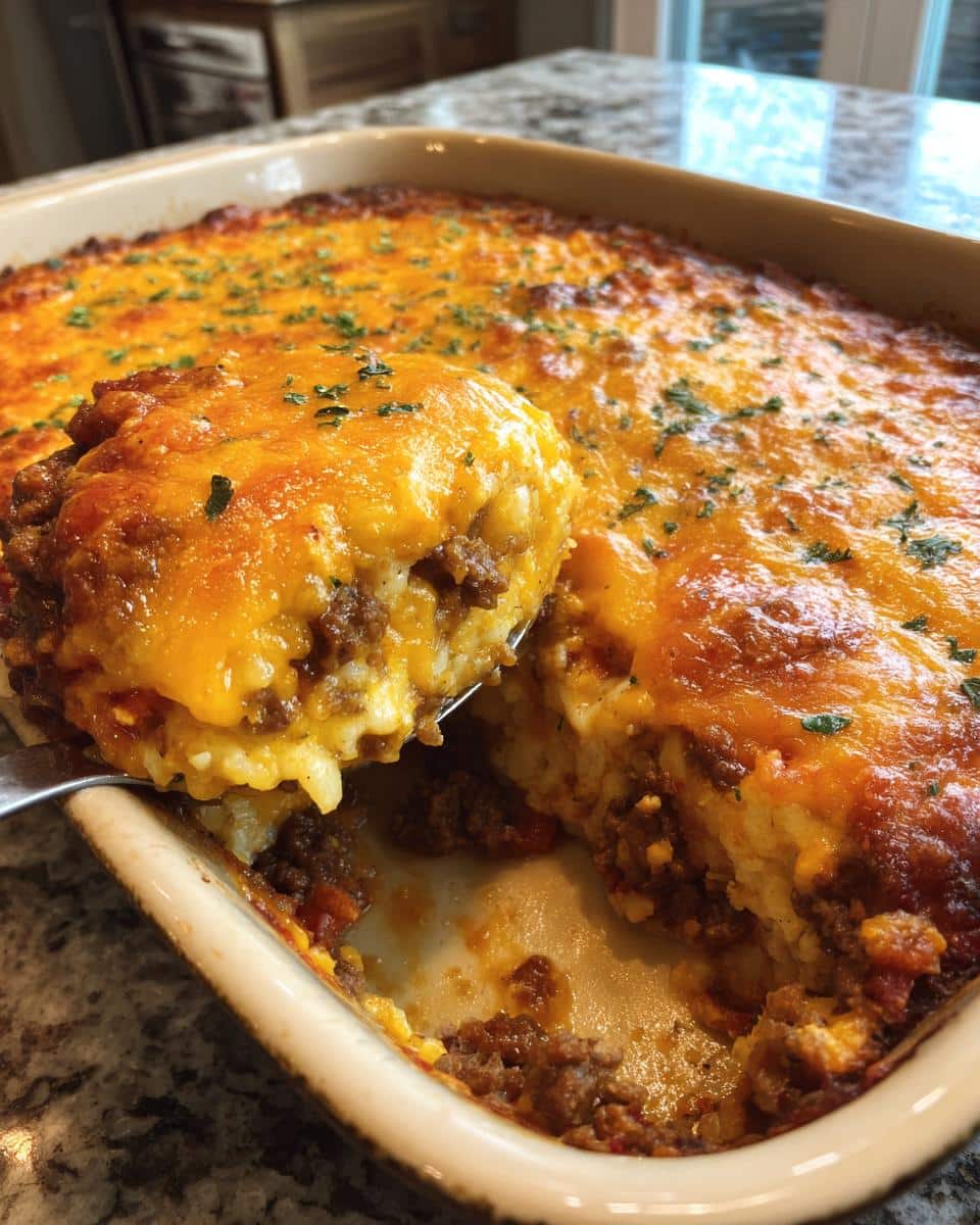 A serving spoon lifting a portion of Cheesy Doritos Casserole with Ground Beef from a baking dish, showing cheesy layers.