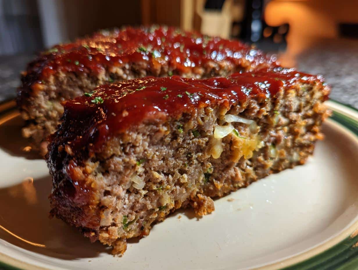 A close-up of a slice of Cheesy Garlic Meatloaf on a plate, showing melted cheese inside and a shiny ketchup glaze on top.