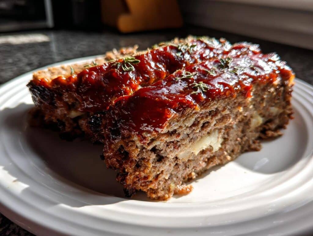 Two slices of Cheesy Garlic Meatloaf on a white plate, topped with a shiny red glaze and fresh herbs.