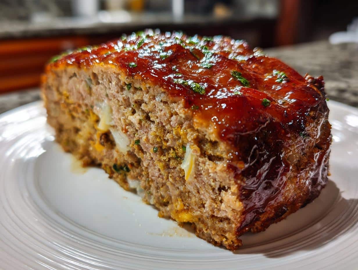 A close-up of a thick slice of Cheesy Garlic Meatloaf on a white plate, topped with a glossy, reddish-brown glaze and green herbs.