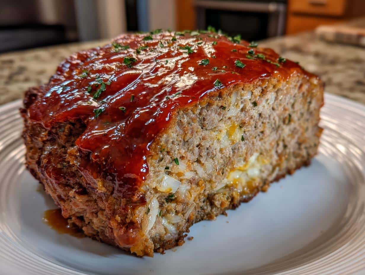A close-up of a thick slice of Cheesy Garlic Meatloaf on a white plate, topped with a glossy red glaze and fresh parsley.