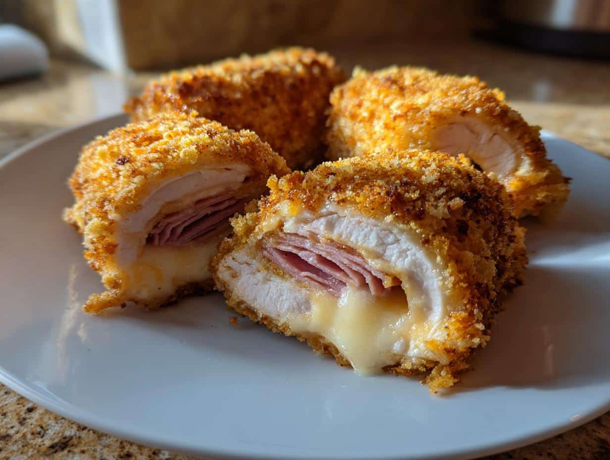 Close-up of a perfectly cooked Chicken Cordon Bleu, cut in half, revealing melted cheese and ham inside.