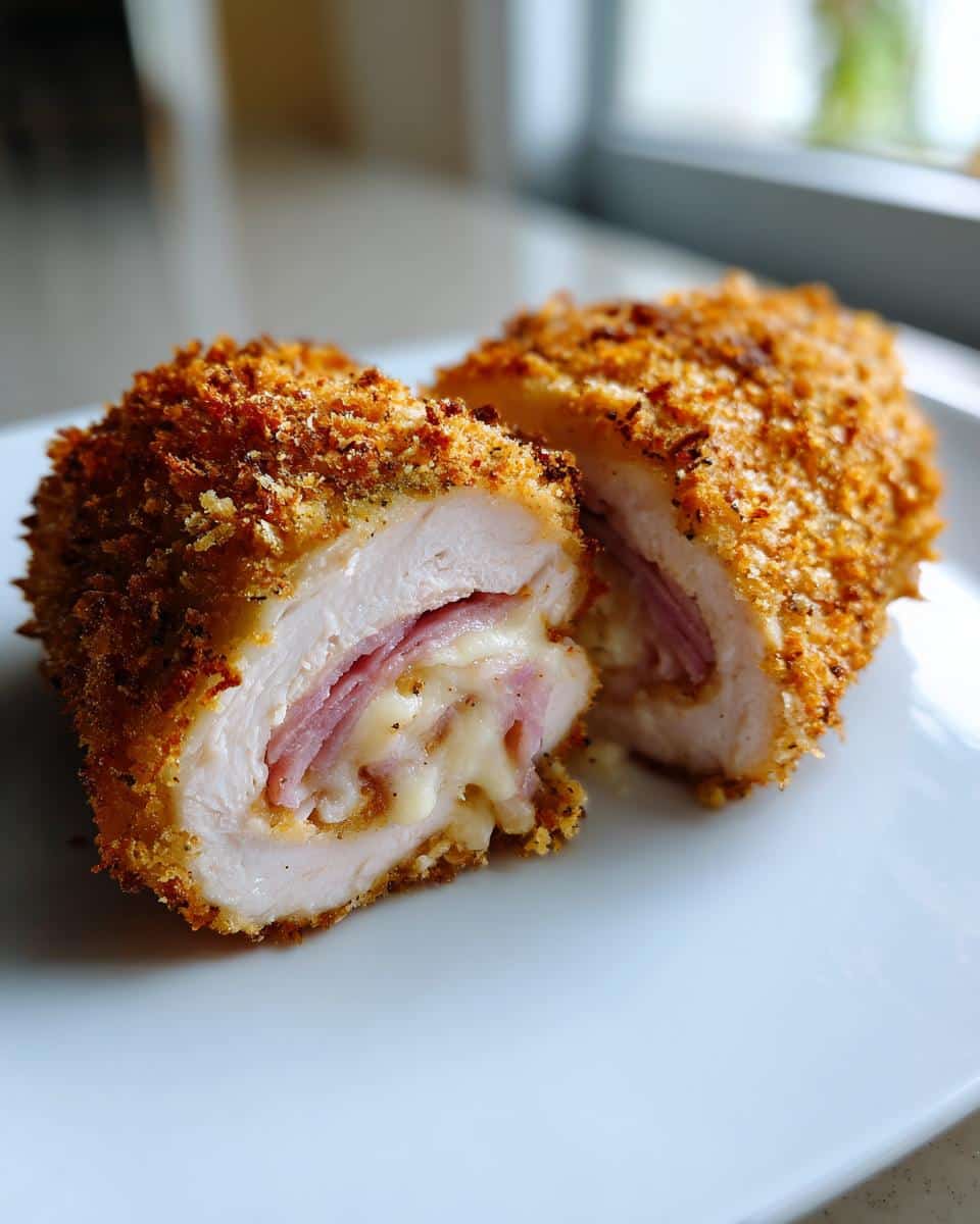 A close-up of a golden-brown, crispy Chicken Cordon Bleu Recipe cut in half, revealing melted cheese and ham inside.