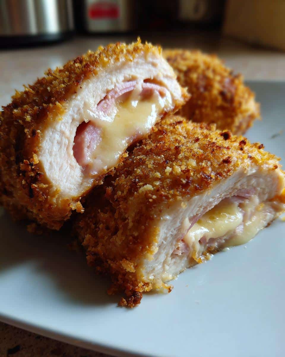 A close-up of a cut Chicken Cordon Bleu Recipe showing melted cheese and ham oozing out of the crispy breaded chicken.