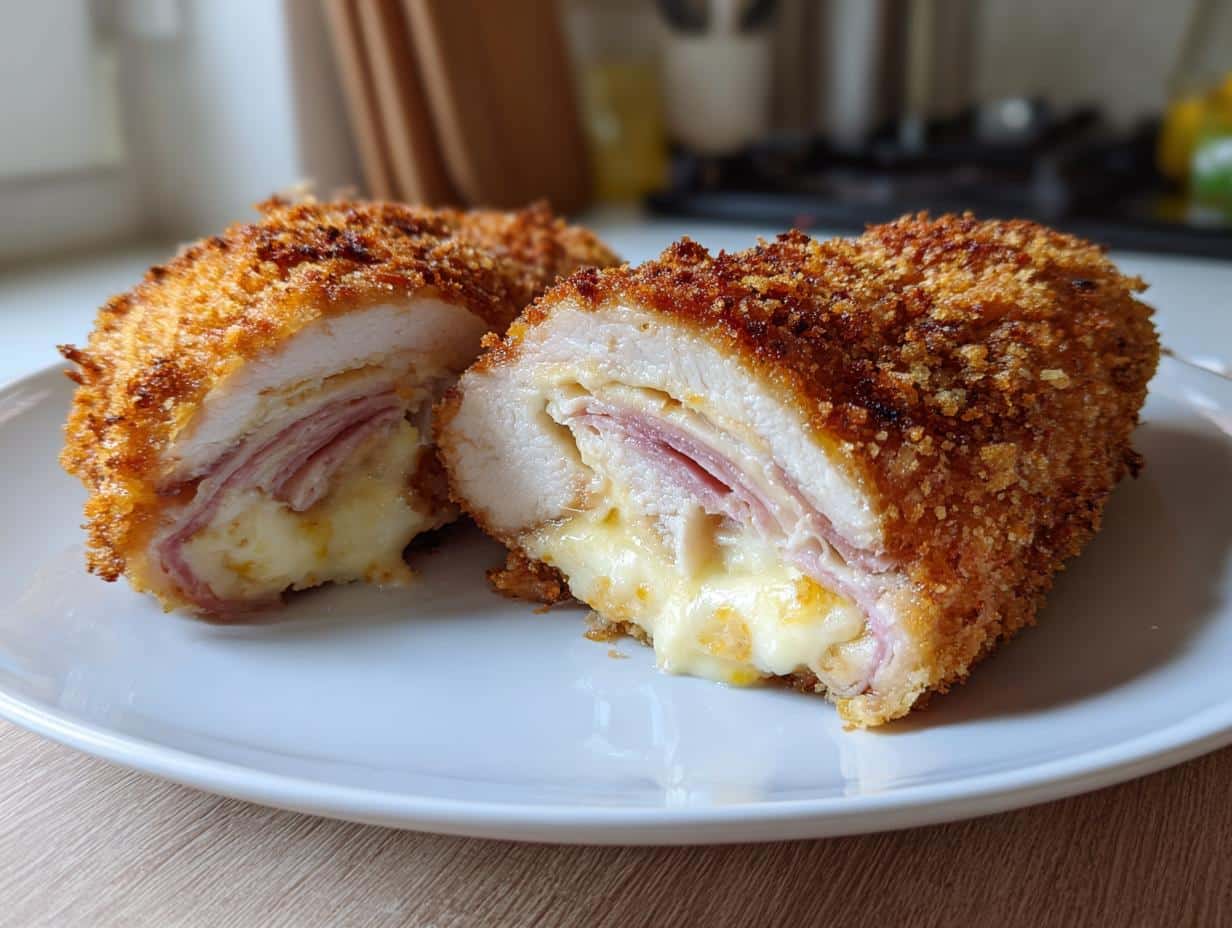 Close-up of a sliced Chicken Cordon Bleu Recipe showing melted cheese and ham inside a crispy breaded chicken breast.