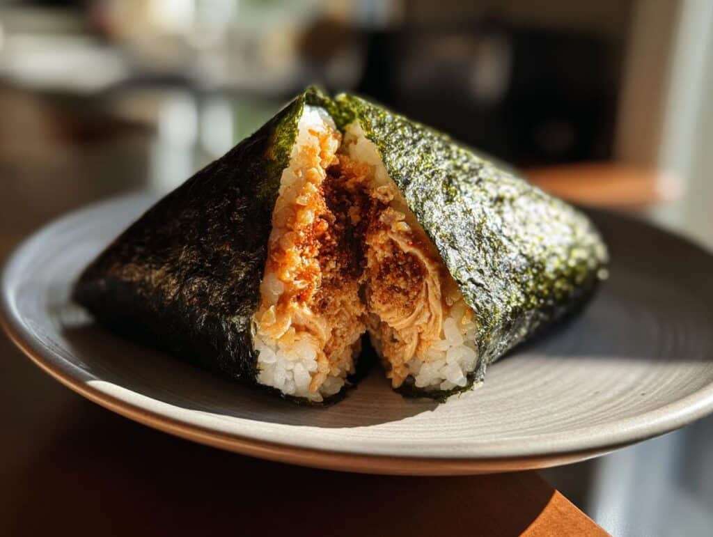 A halved chicken Onigiri (Rice Ball) on a plate, showcasing the savory filling and seaweed wrap.