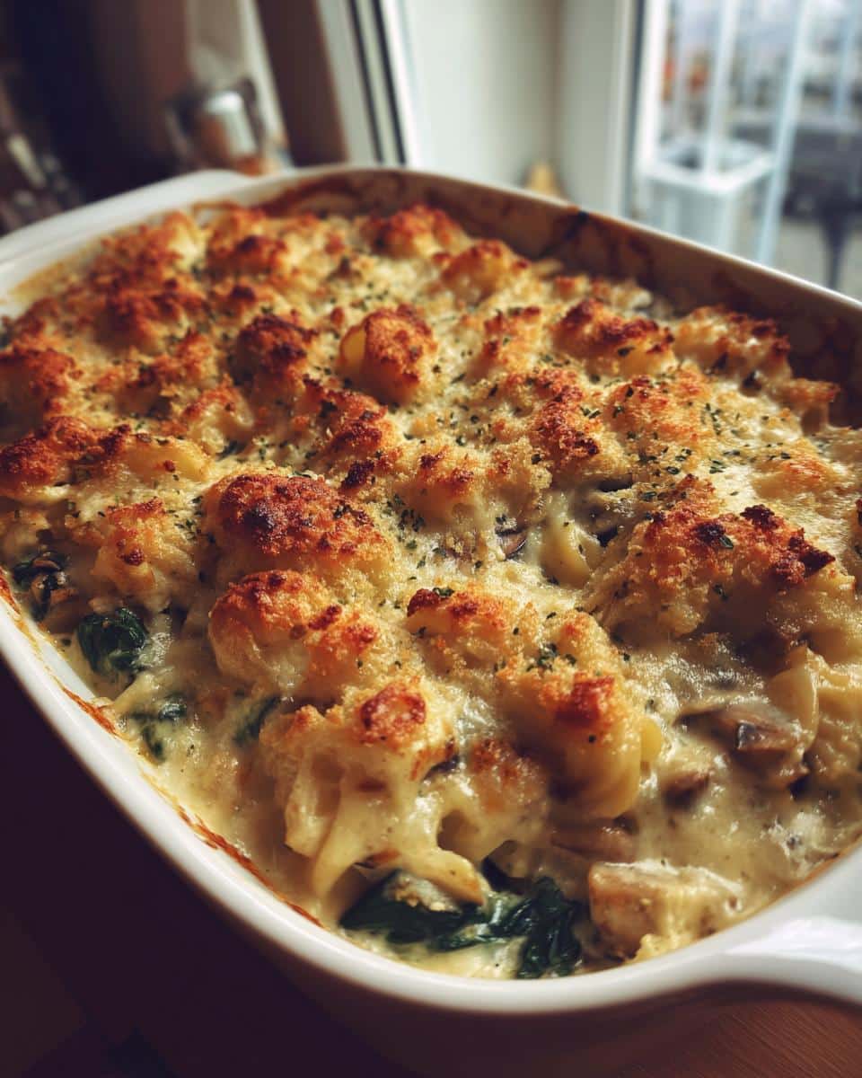 A close-up of a golden brown Chicken Spinach, and Mushroom Bake in a white casserole dish, fresh from the oven.