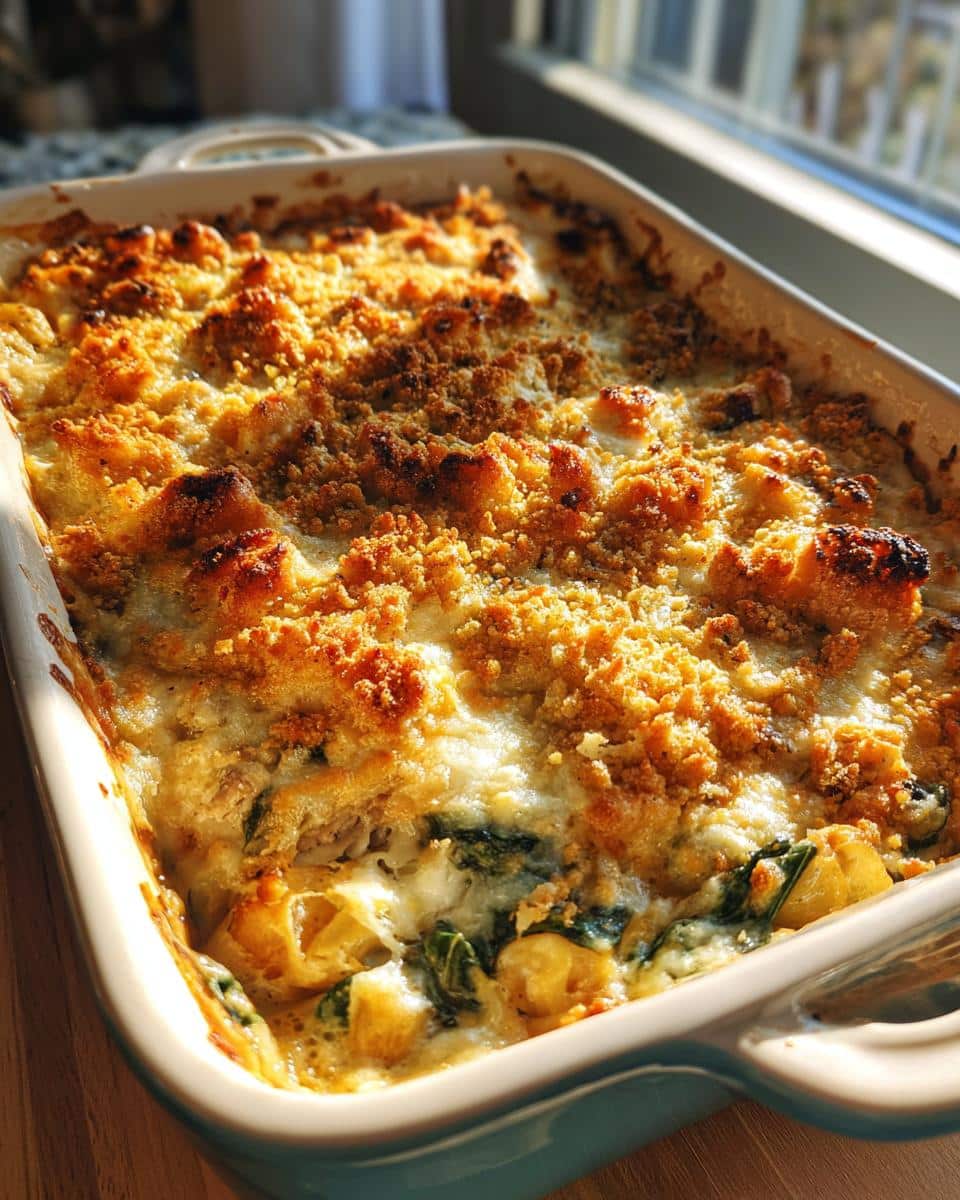 A freshly baked Chicken Spinach, and Mushroom Bake in a casserole dish with a golden, crispy topping.