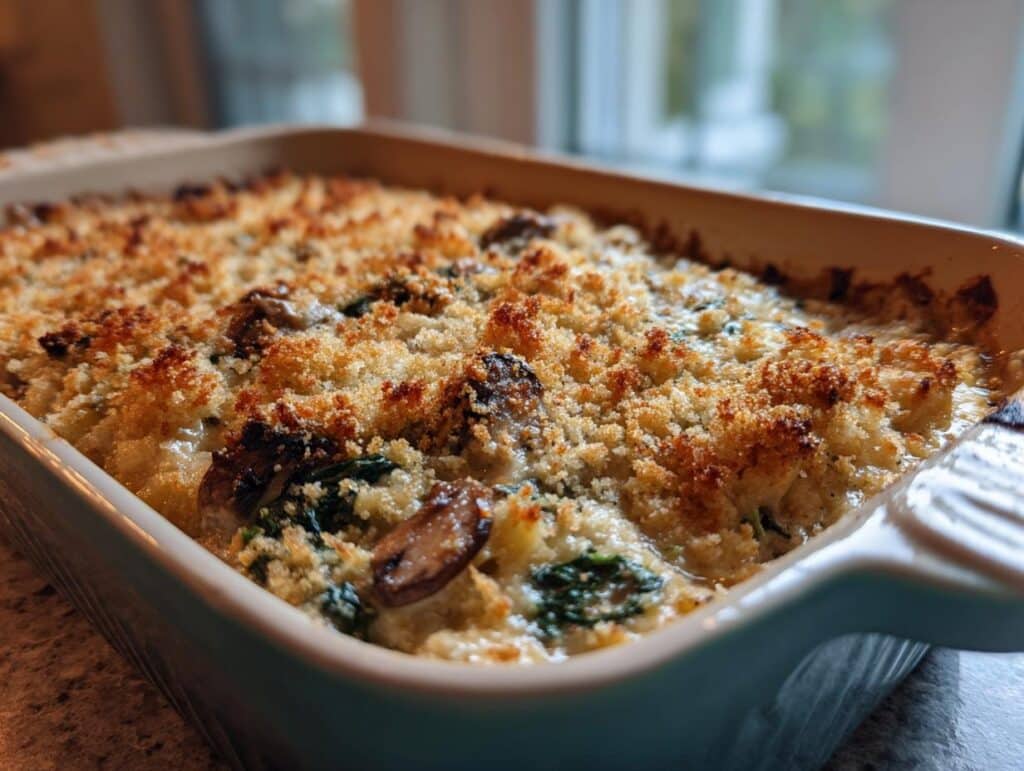 Close-up of a golden-brown Chicken Spinach, and Mushroom Bake in a baking dish, with crispy topping.