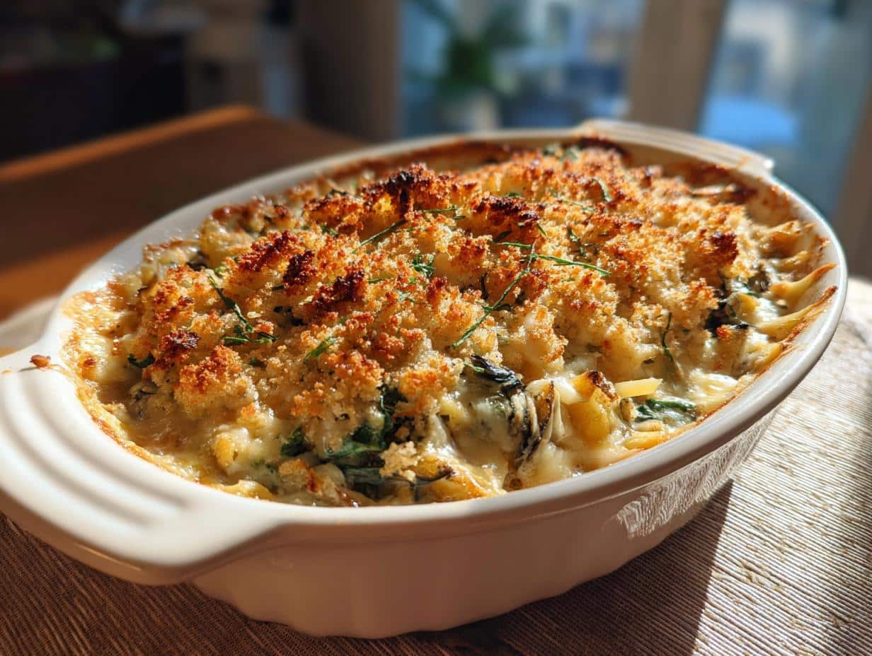 A close-up of a freshly baked Chicken Spinach, and Mushroom Bake in a white oval dish, topped with golden-brown breadcrumbs.