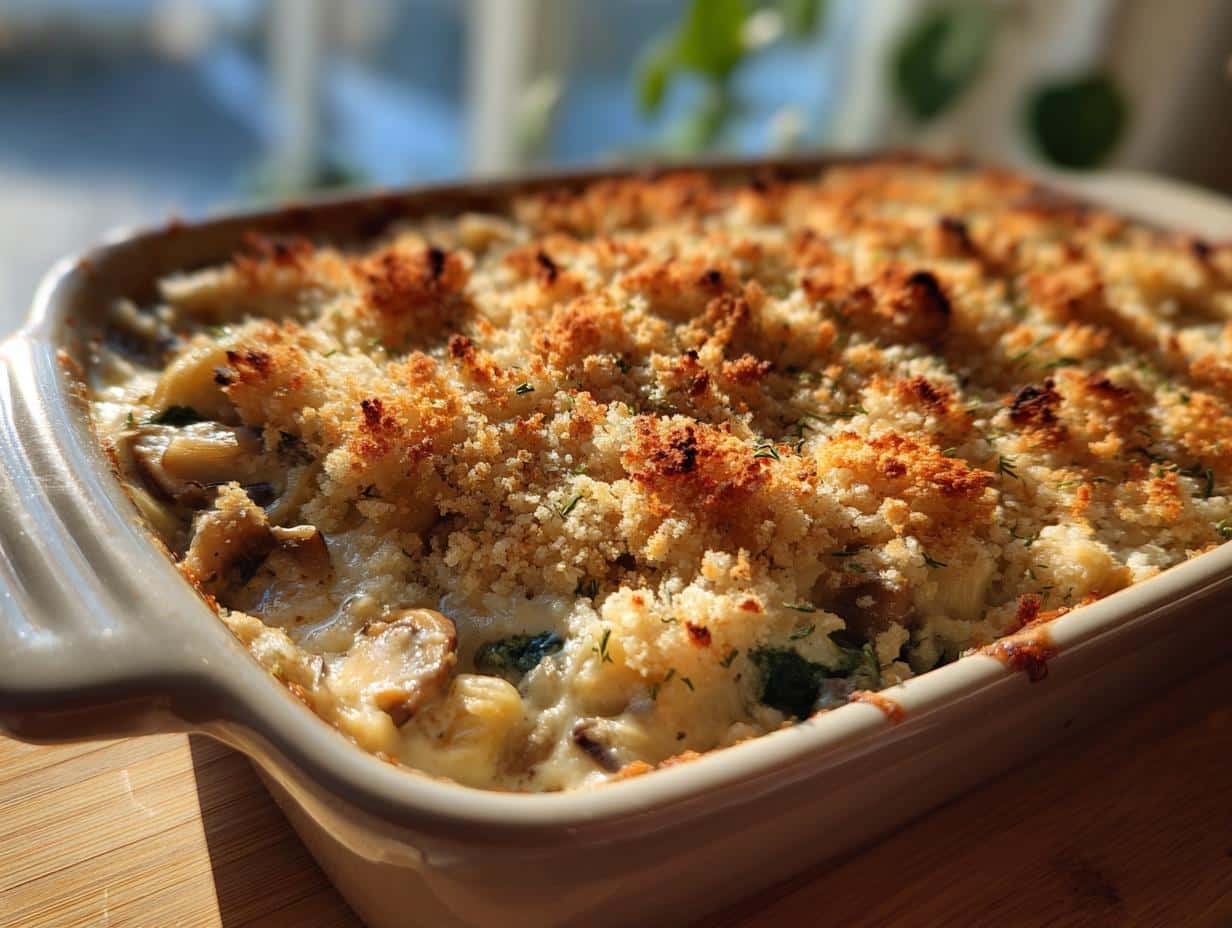 A close-up of a golden brown Chicken Spinach, and Mushroom Bake in a white casserole dish, fresh from the oven.
