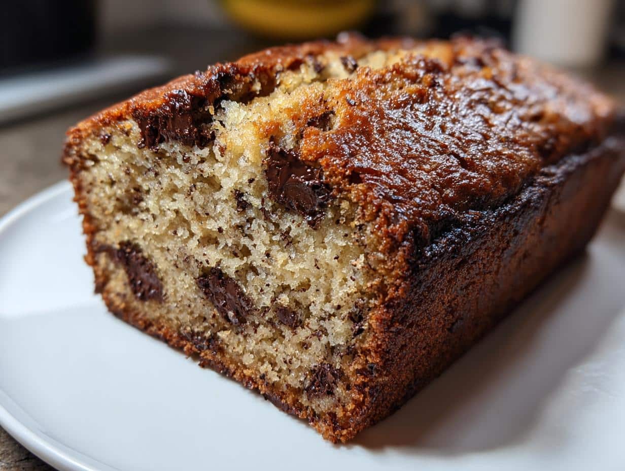Close-up of a golden brown loaf of chocolate chip banana bread on a white plate, showing the moist interior with melted chocolate chips.