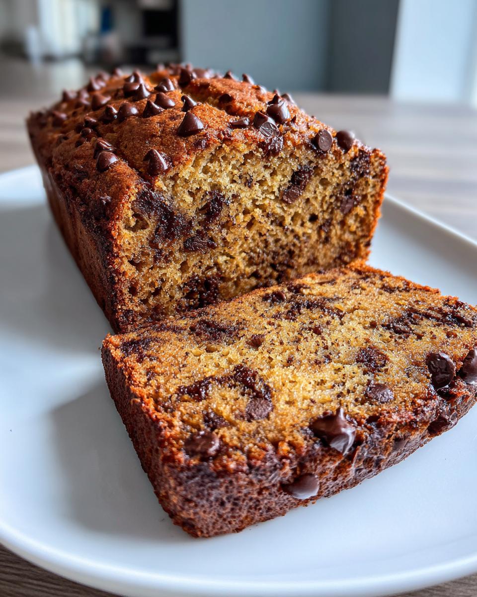 A freshly baked loaf of chocolate chip banana bread with one slice cut, showcasing melted chocolate chips.