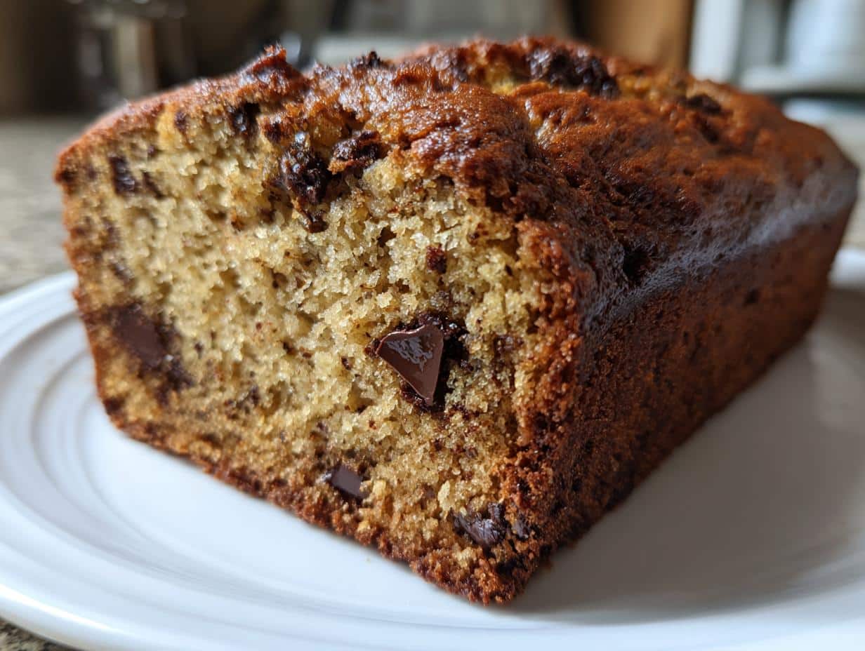 Close-up of a golden brown slice of chocolate chip banana bread on a white plate, showing melted chocolate chips.